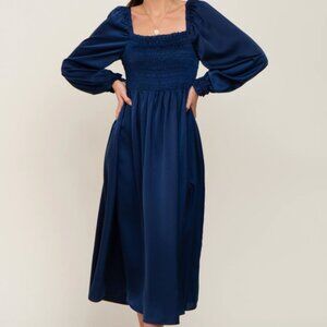 Elloh - Navy Blue Smocked Square Neck Satin Maternity Midi Dress - Size L